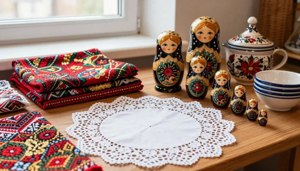 Traditional Russian crafts display showing intricate lacework and embroidered textiles