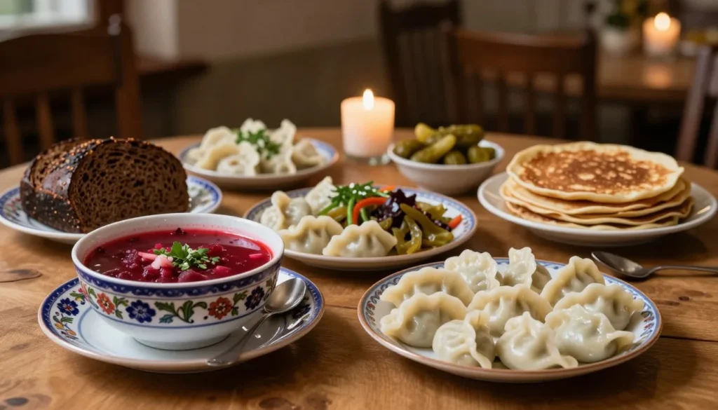 Traditional Russian dishes served in local restaurant
