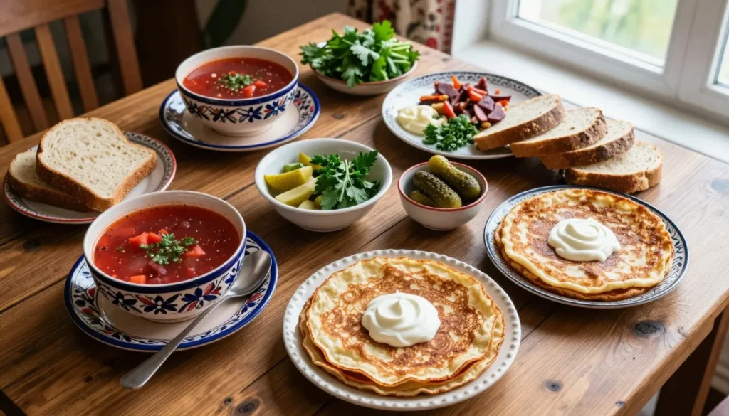 Traditional Russian dishes served on wooden table with decorated ceramic plates