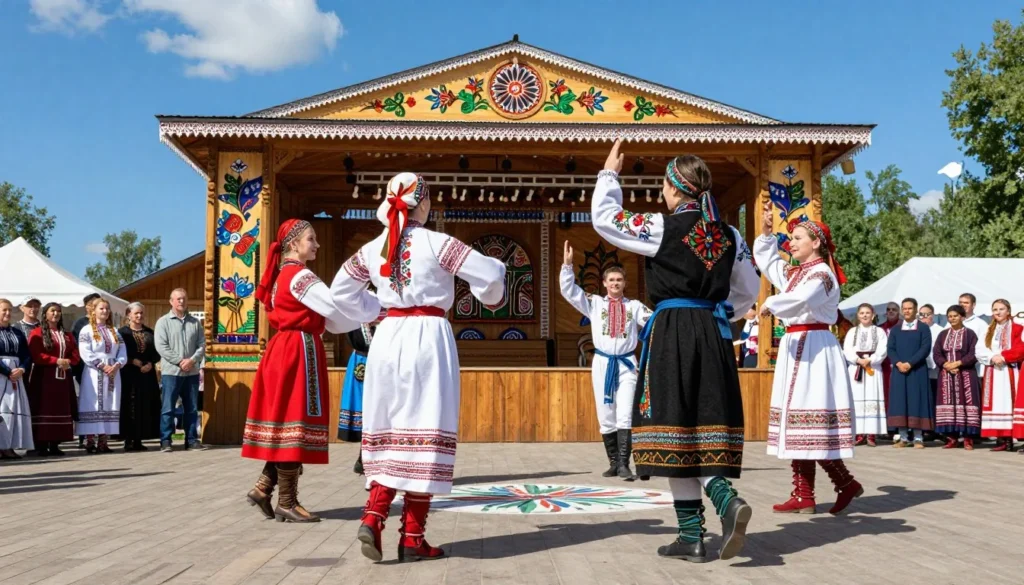 Traditional Russian festival celebration with folk dancers in colorful costumes performing outdoors
