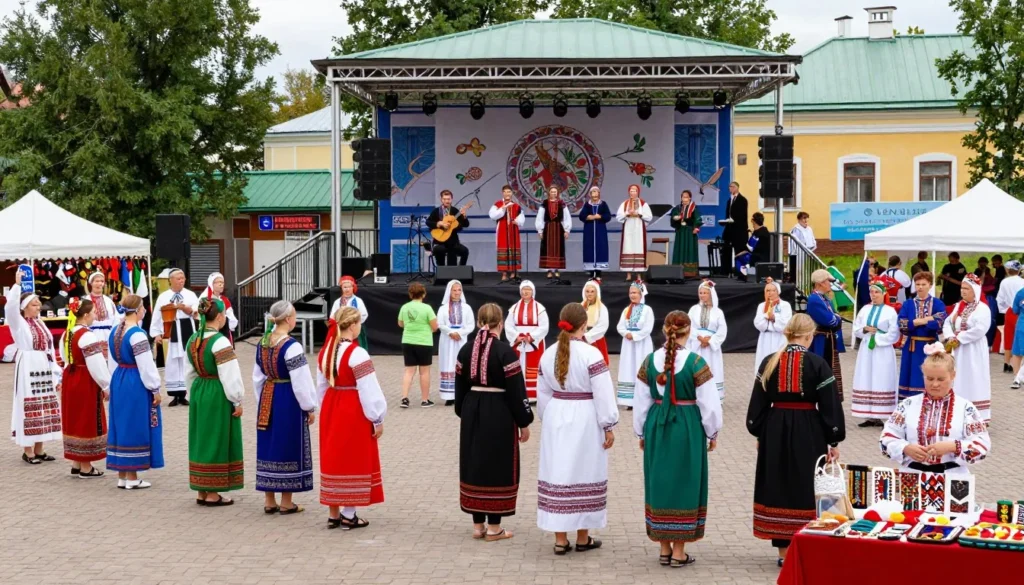 Traditional Russian festival celebration with people in folk costumes