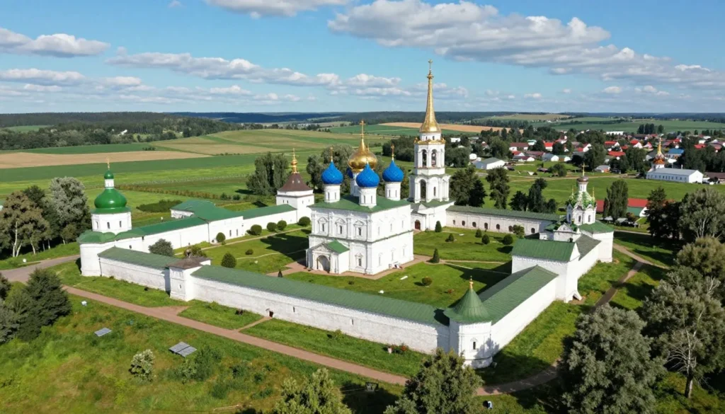Traditional Russian monastery complex with colorful domes surrounded by countryside