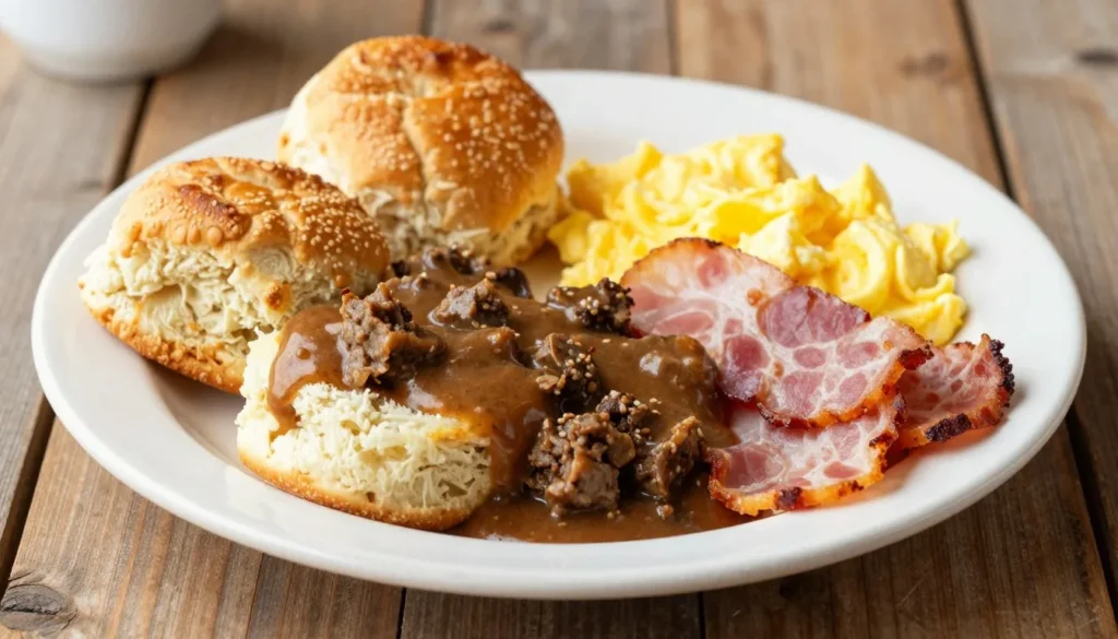 Traditional Southern breakfast with country ham biscuits and gravy on rustic table
