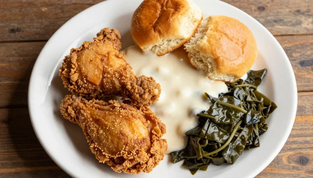Traditional Southern comfort food plate with fried chicken biscuits and gravy at Tennessee restaurant