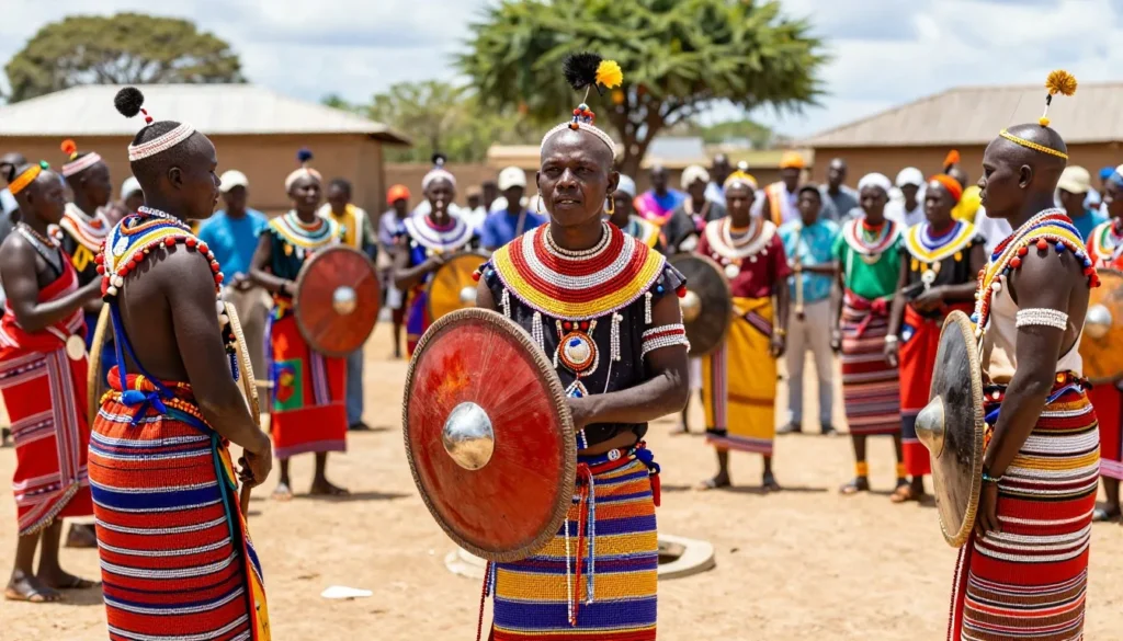 Traditional Swazi ceremony with people in colorful traditional dress and beadwork Traditional Swazi ceremony with people in colorful traditional dress and beadwork