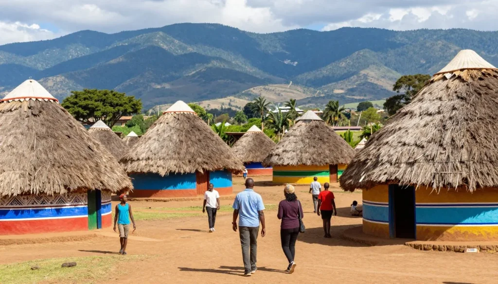 Traditional Swazi cultural village with colorful beehive huts and mountain backdrop Traditional Swazi cultural village with colorful beehive huts and mountain backdrop