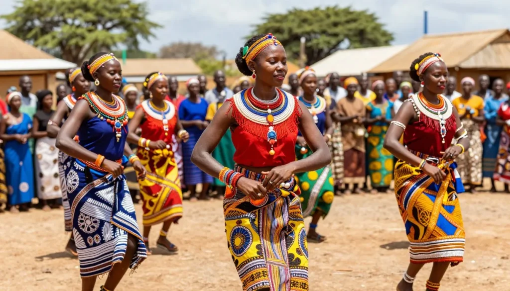 Traditional Swazi dancers in colorful ceremonial dress performing cultural dance outdoors Traditional Swazi dancers in colorful ceremonial dress performing cultural dance outdoors