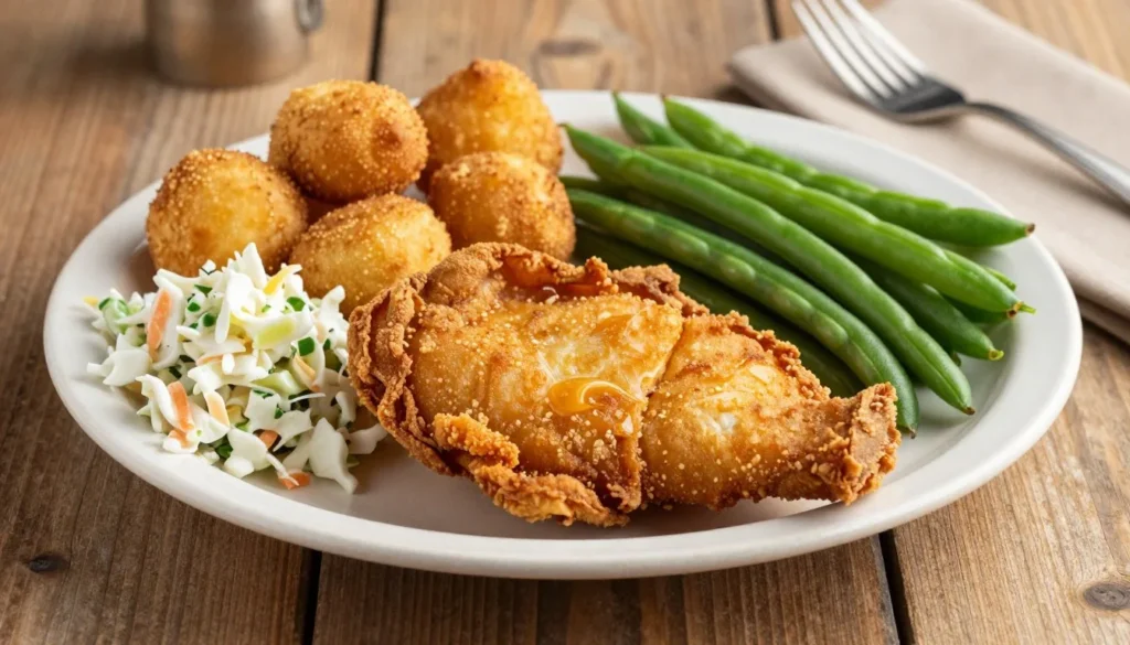 Traditional Tennessee Southern cuisine plate with fried catfish and vegetables