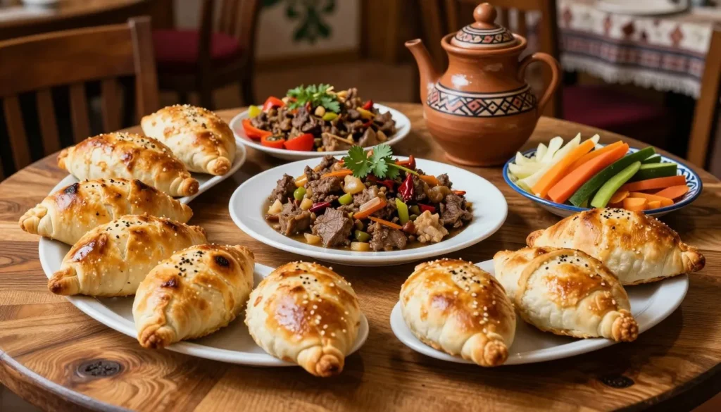 Traditional Udmurt dishes including perepech pastries and meat dishes on rustic wooden table Traditional Udmurt dishes including perepech pastries and meat dishes on rustic wooden table