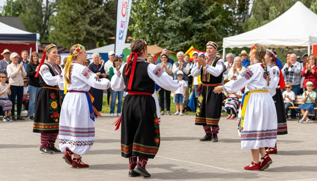 Traditional Udmurt festival with people in colorful folk costumes performing dances Traditional Udmurt festival with people in colorful folk costumes performing dances