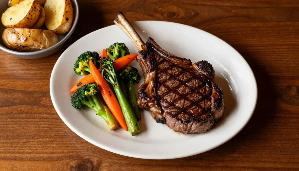 Traditional Western steakhouse meal with grilled steak, vegetables, and rustic table setting