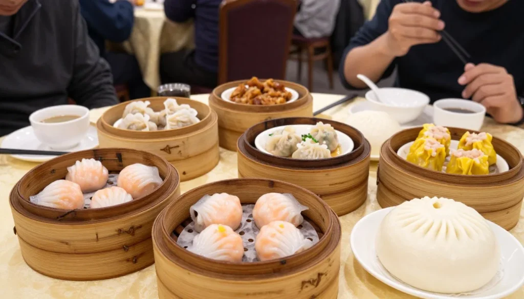 Traditional dim sum dishes in bamboo steamers on a table in a San Francisco Chinatown restaurant Traditional dim sum dishes in bamboo steamers on a table in a San Francisco Chinatown restaurant