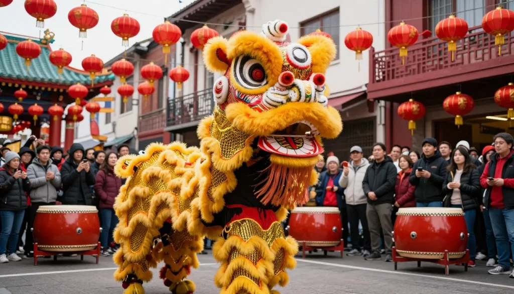 Traditional lion dance performance during Lunar New Year celebration in Chinatown Traditional lion dance performance during Lunar New Year celebration in Chinatown