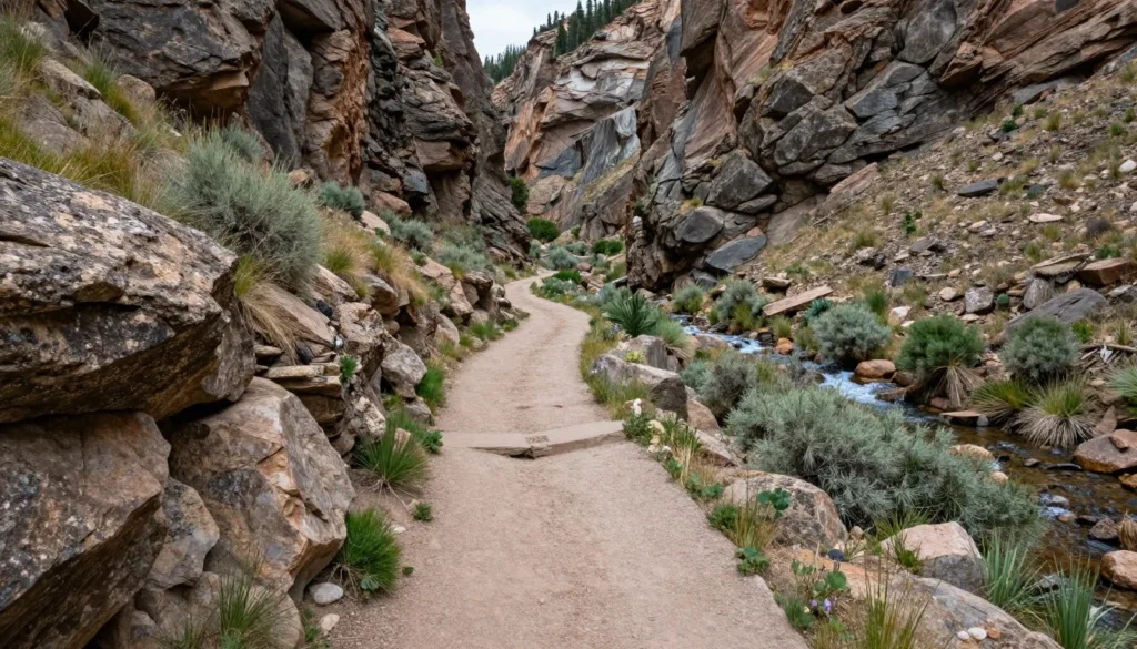 Trail path leading through Colorado canyon landscape toward hot springs Trail path leading through Colorado canyon landscape toward hot springs