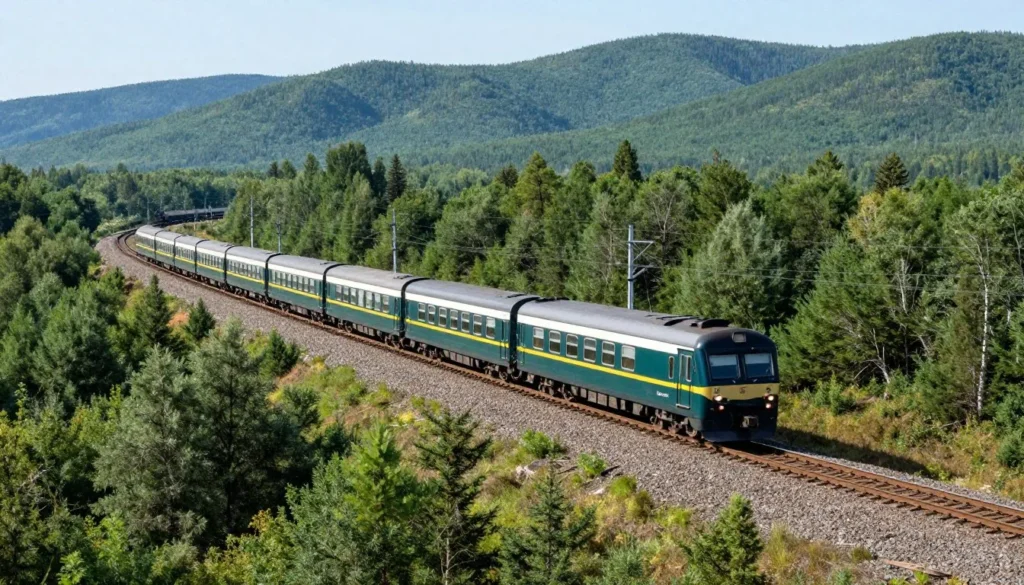 Trans-Siberian Railway train traveling through Zabaykalsky Krai wilderness