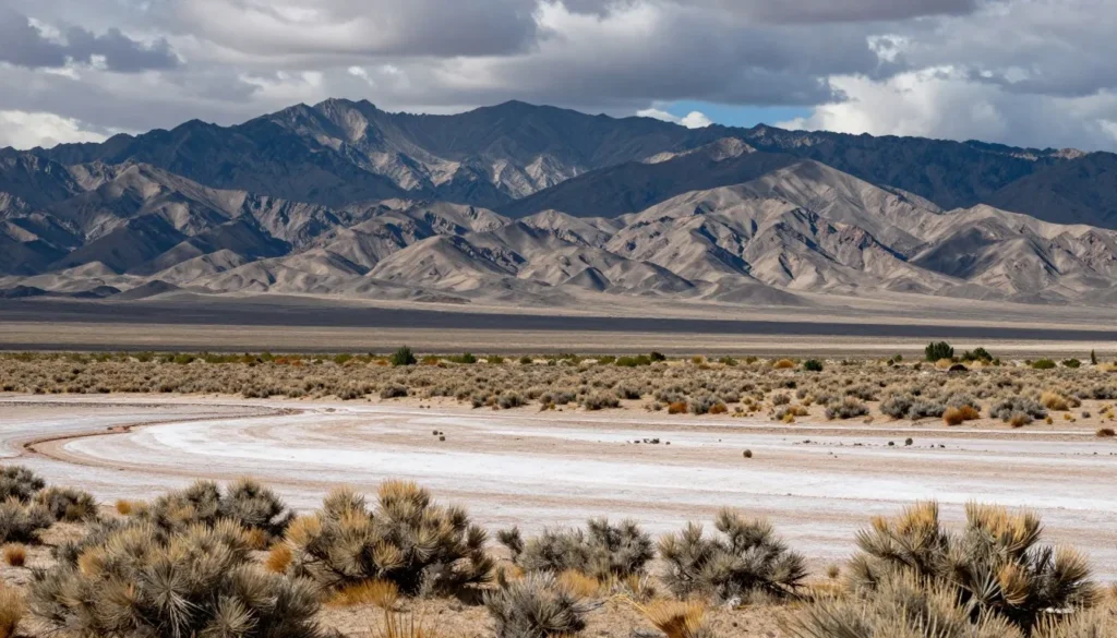 Transition zone between Great Salt Lake shore and desert landscape with mountains Transition zone between Great Salt Lake shore and desert landscape with mountains