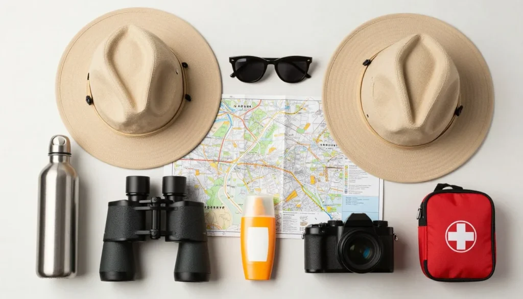 Travel essentials and gear laid out for desert trip Travel essentials and gear laid out for desert trip