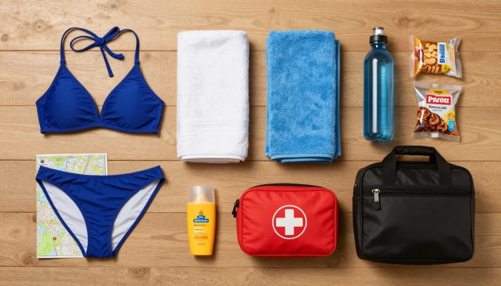 Travel essentials and gear laid out for hot springs adventure