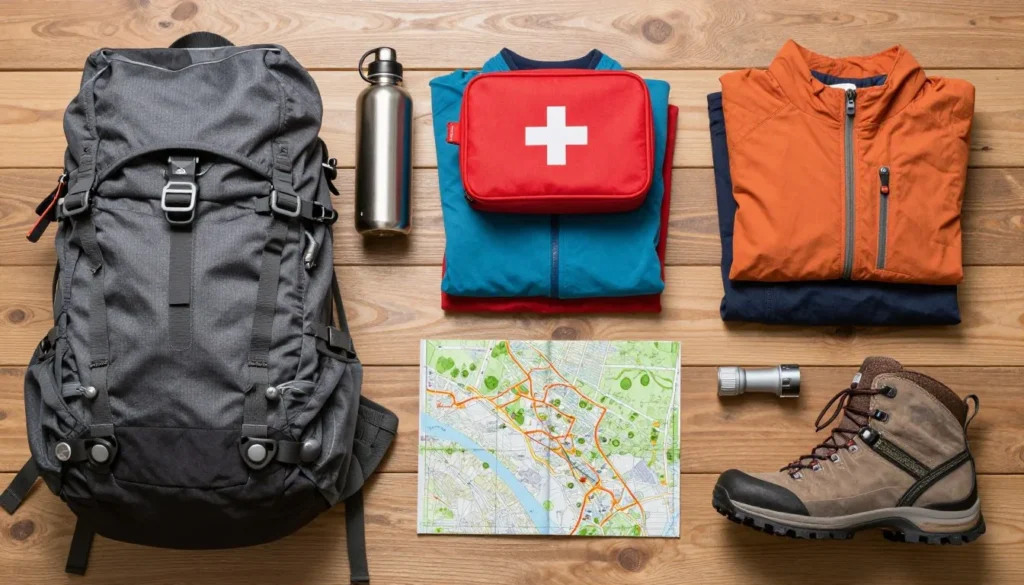 Travel essentials for mountain hiking laid out including backpack and outdoor gear Travel essentials for mountain hiking laid out including backpack and outdoor gear