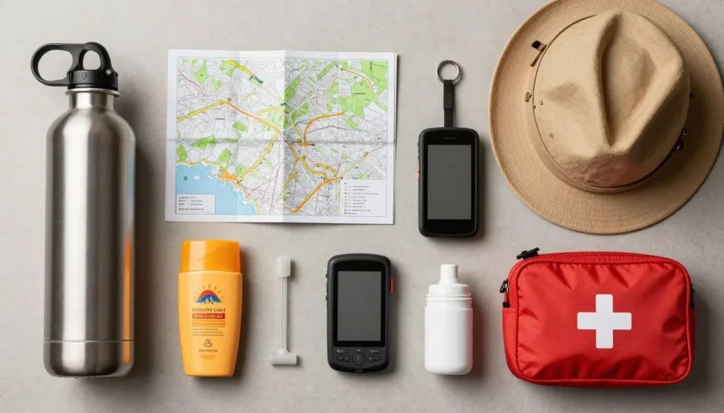 Travel essentials laid out for desert trip including water, map, and supplies Travel essentials laid out for desert trip including water, map, and supplies