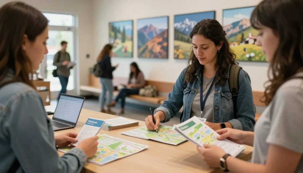 Traveler at visitor information center getting local maps and recommendations