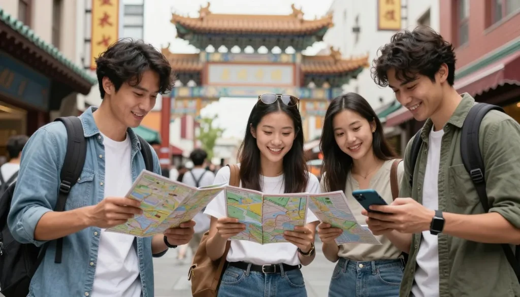 Travelers consulting map and guidebook while exploring Chinatown Los Angeles Travelers consulting map and guidebook while exploring Chinatown Los Angeles
