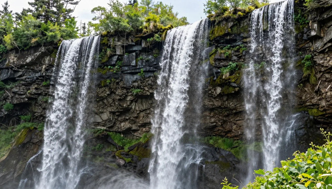 Triple-waterfalls-cascading-over-limestone-cliffs-at-Rifle-Falls-State-Park-surrounded-by-lush- Triple waterfalls cascading over limestone cliffs at Rifle Falls State Park surrounded by lush vegetation