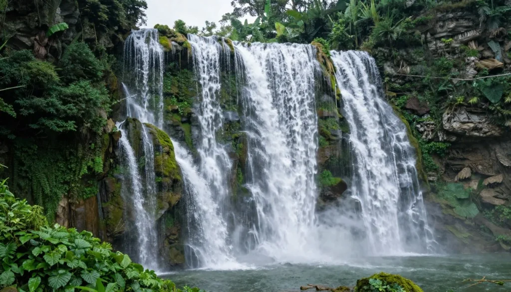 Triple waterfalls cascading over travertine formations Triple waterfalls cascading over travertine formations