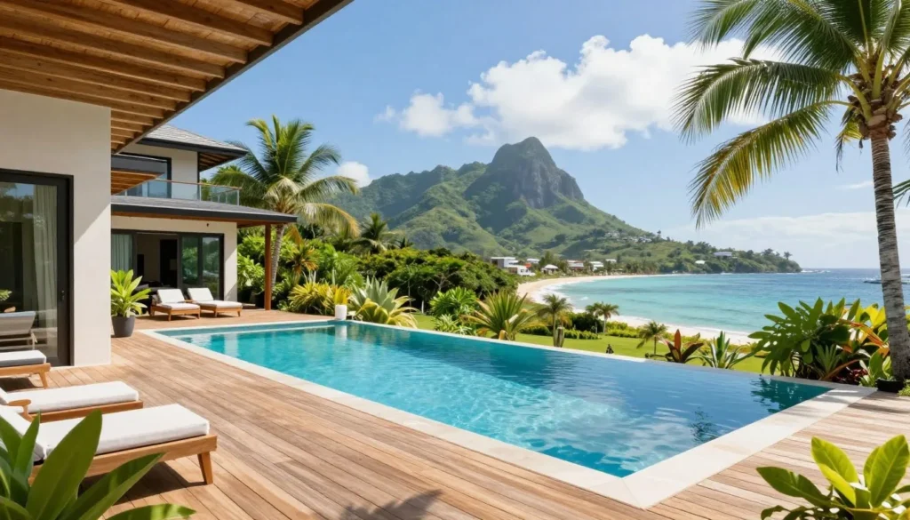 Tropical Caribbean villa with pool overlooking ocean and mountains