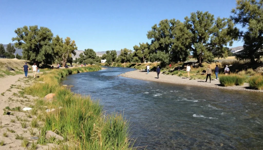 Truckee River flowing through McCarran Ranch Preserve with sandy banks and vegetation Truckee River flowing through McCarran Ranch Preserve with sandy banks and vegetation