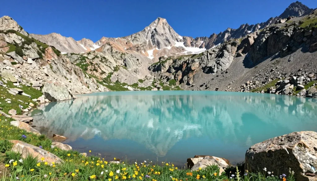 Turquoise Blue Lakes with Mount Sneffels peak reflected in water