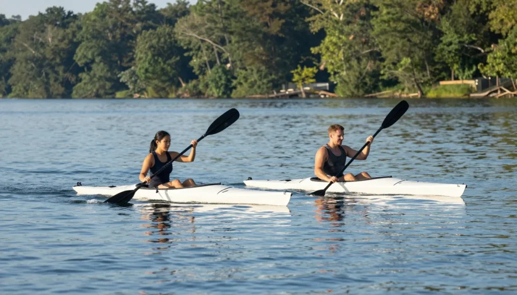 Two kayakers on calm Cherokee Lake Tennessee water near shoreline