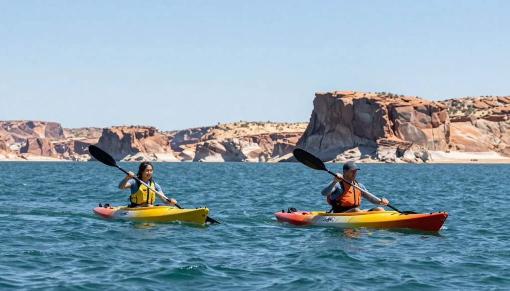 Two kayakers paddling on Pyramid Lake waters