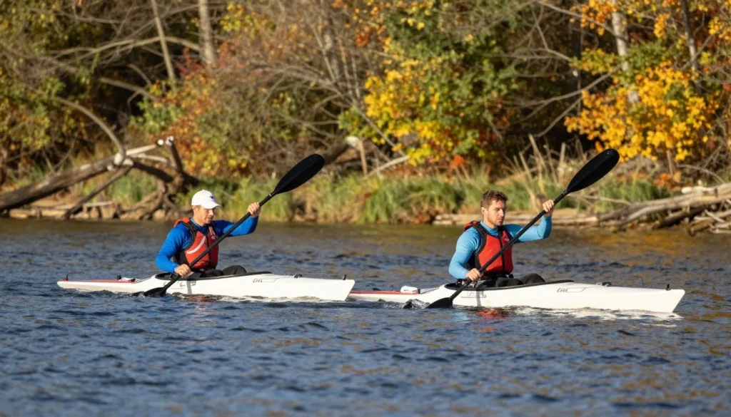 Two kayakers paddling on calm Tennessee River waters