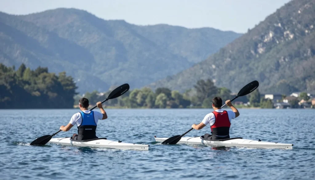 Two kayakers paddling on calm mountain lake with forested shores in Tennessee