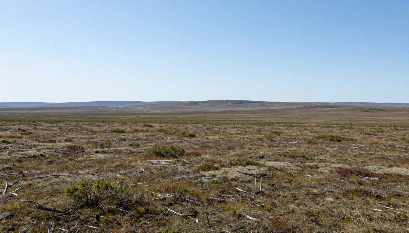 Vast Arctic tundra landscape of Yamalo-Nenets Autonomous Okrug with rolling plains under blue sky
