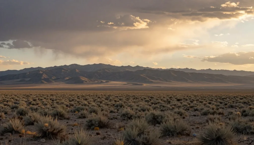 Vast sagebrush valley with mountain ranges in Great Basin Desert under golden sunset light