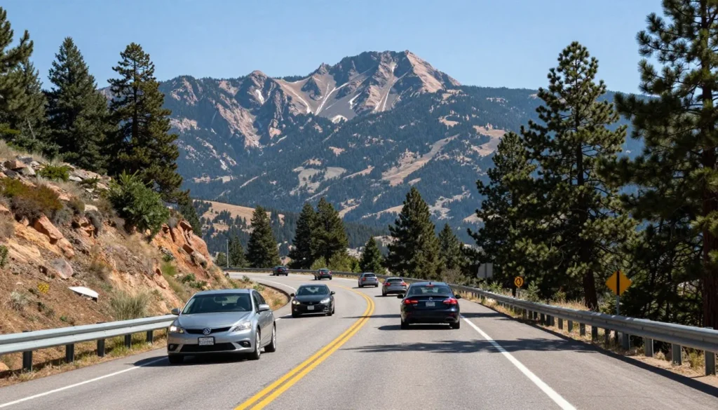 Vehicles driving up the winding Pikes Peak Highway with mountain views and guardrails visible Vehicles driving up the winding Pikes Peak Highway with mountain views and guardrails visible