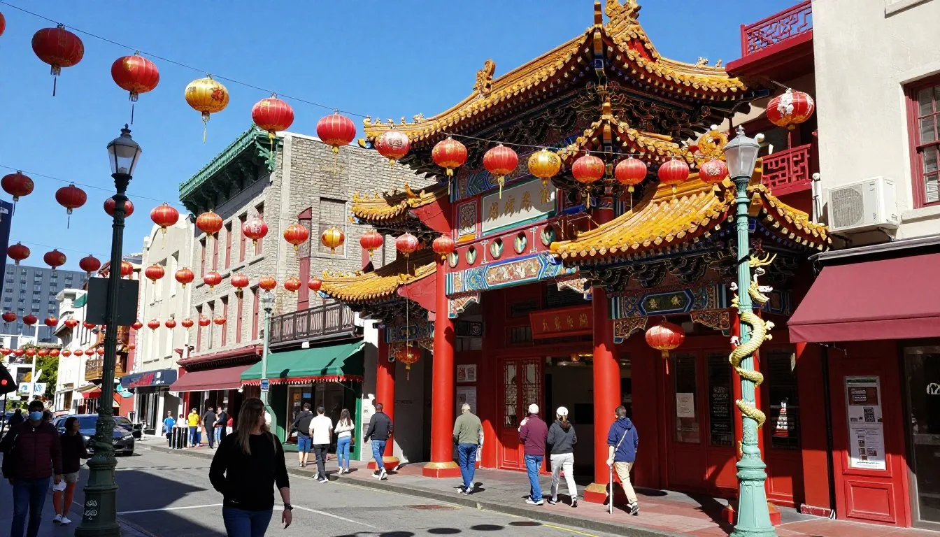 Vibrant traditional Chinese architecture and colorful lanterns hanging above bustling streets in Chinatown San Francisco