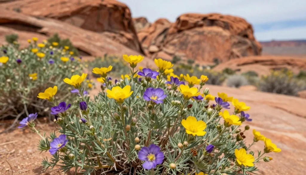 Vibrant wildflowers blooming against red rock backdrop in desert Vibrant wildflowers blooming against red rock backdrop in desert