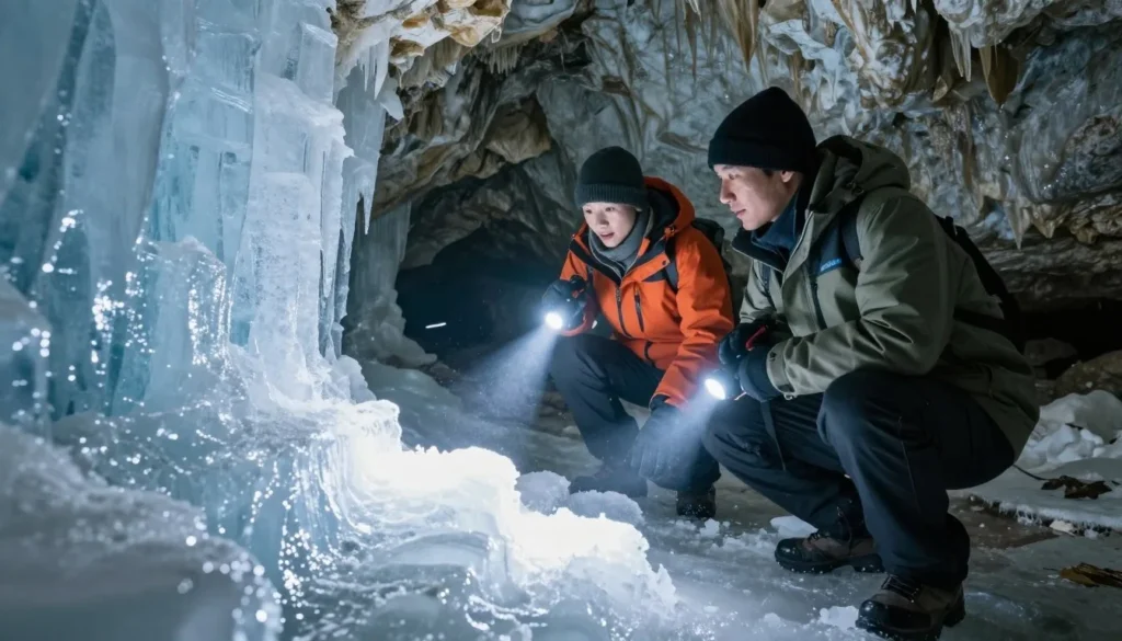 Visitors admiring ice formations inside Duck Creek Ice Cave Visitors admiring ice formations inside Duck Creek Ice Cave
