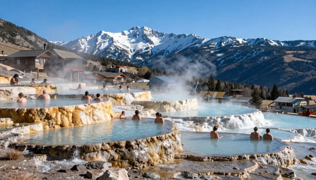 Visitors enjoying the terraced soaking pools at Joyful Journey Hot Springs with mountain panorama Visitors enjoying the terraced soaking pools at Joyful Journey Hot Springs with mountain panorama