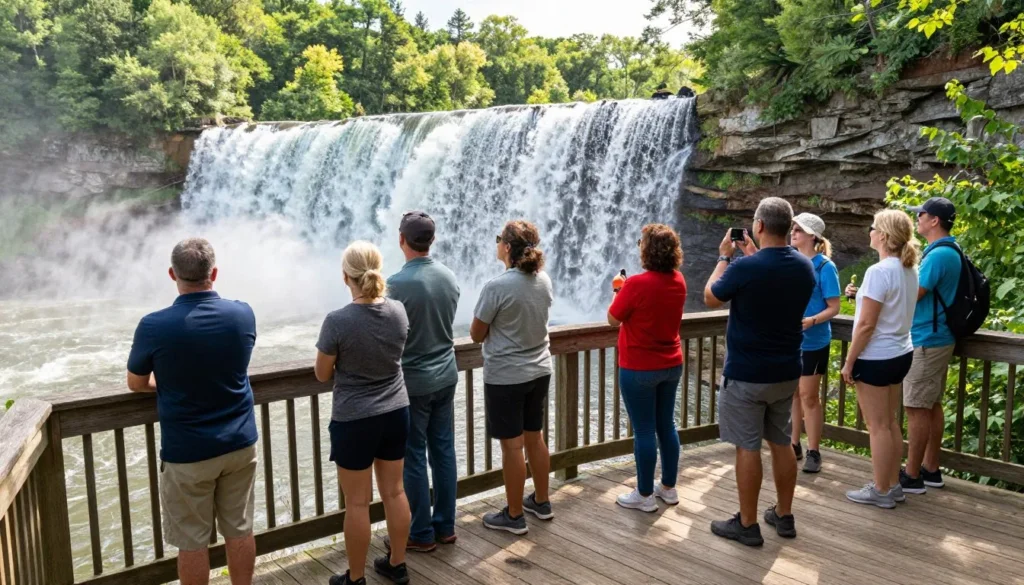 Visitors enjoying views at Burgess Falls Tennessee observation platform