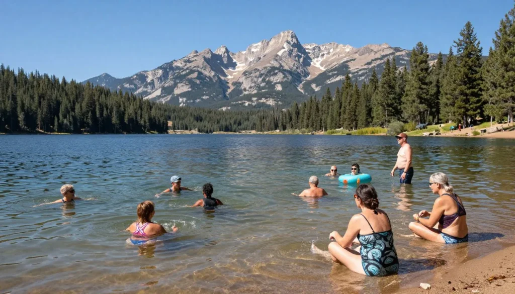 Visitors enjoying water activities at Martin Lake in Lathrop State Park Colorado