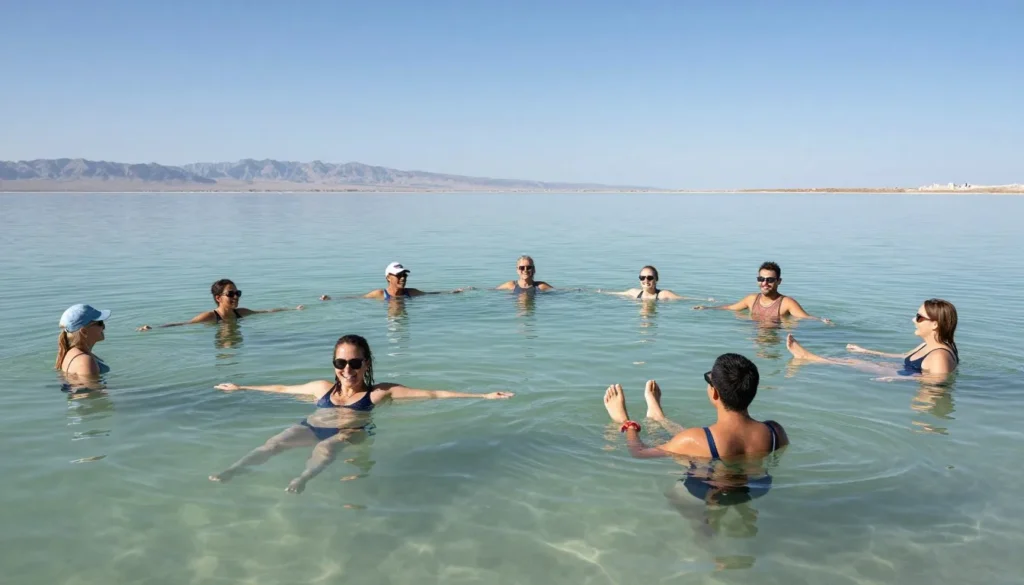 Visitors experiencing the unique floating sensation in Great Salt Lake waters Visitors experiencing the unique floating sensation in Great Salt Lake waters