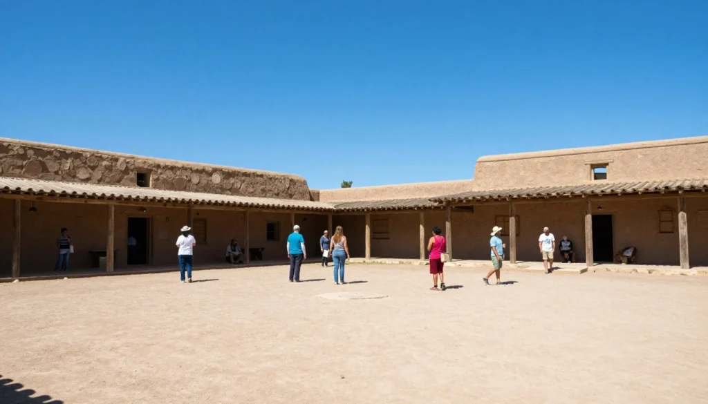 Visitors exploring Bent's Old Fort National Historic Site courtyard Visitors exploring Bent's Old Fort National Historic Site courtyard