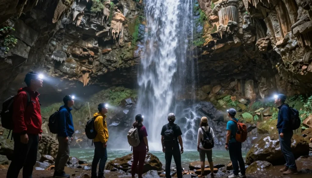 Visitors exploring limestone caves behind Rifle Falls waterfall Visitors exploring limestone caves behind Rifle Falls waterfall