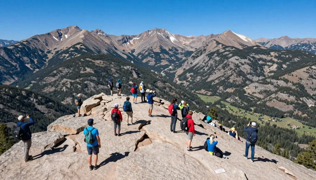 Visitors exploring rocky summit area with panoramic mountain views stretching to horizon