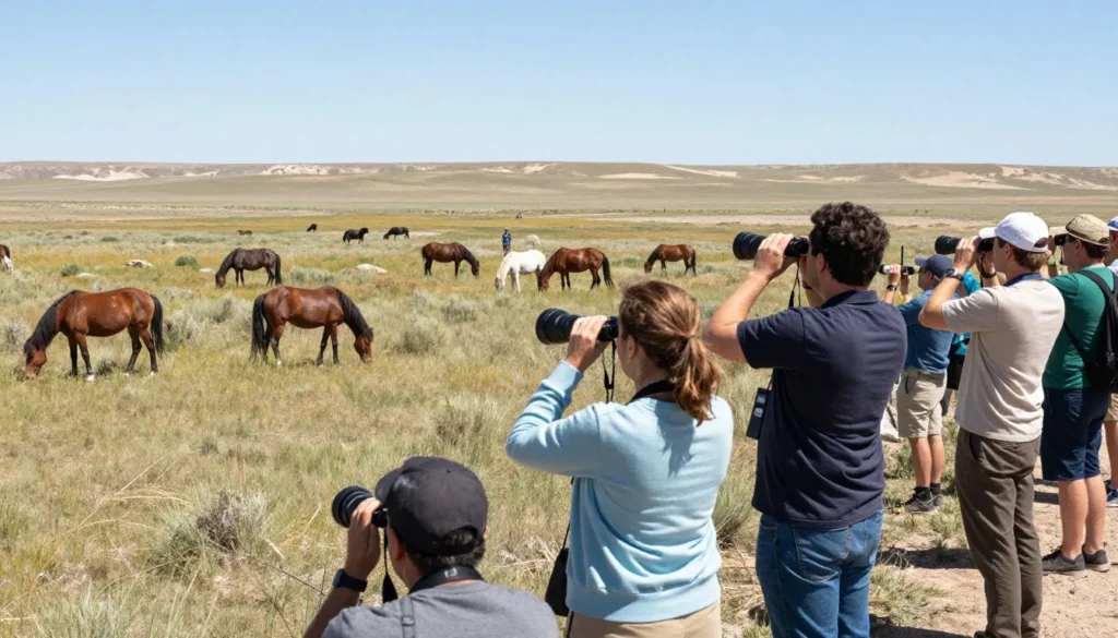 Visitors observing wild horses from appropriate safe distance Visitors observing wild horses from appropriate safe distance