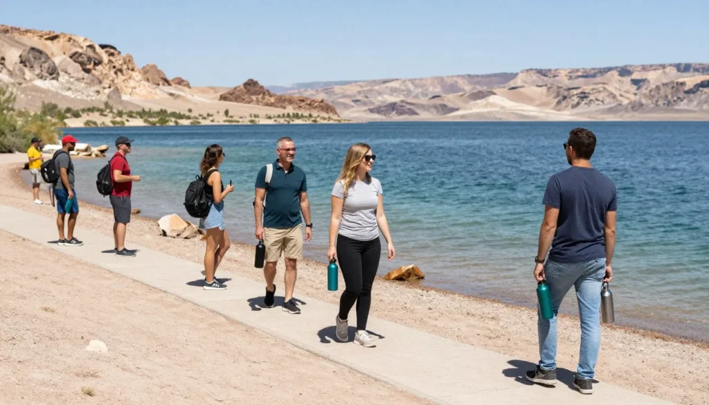 Visitors practicing responsible tourism at Lake Mead shore Visitors practicing responsible tourism at Lake Mead shore